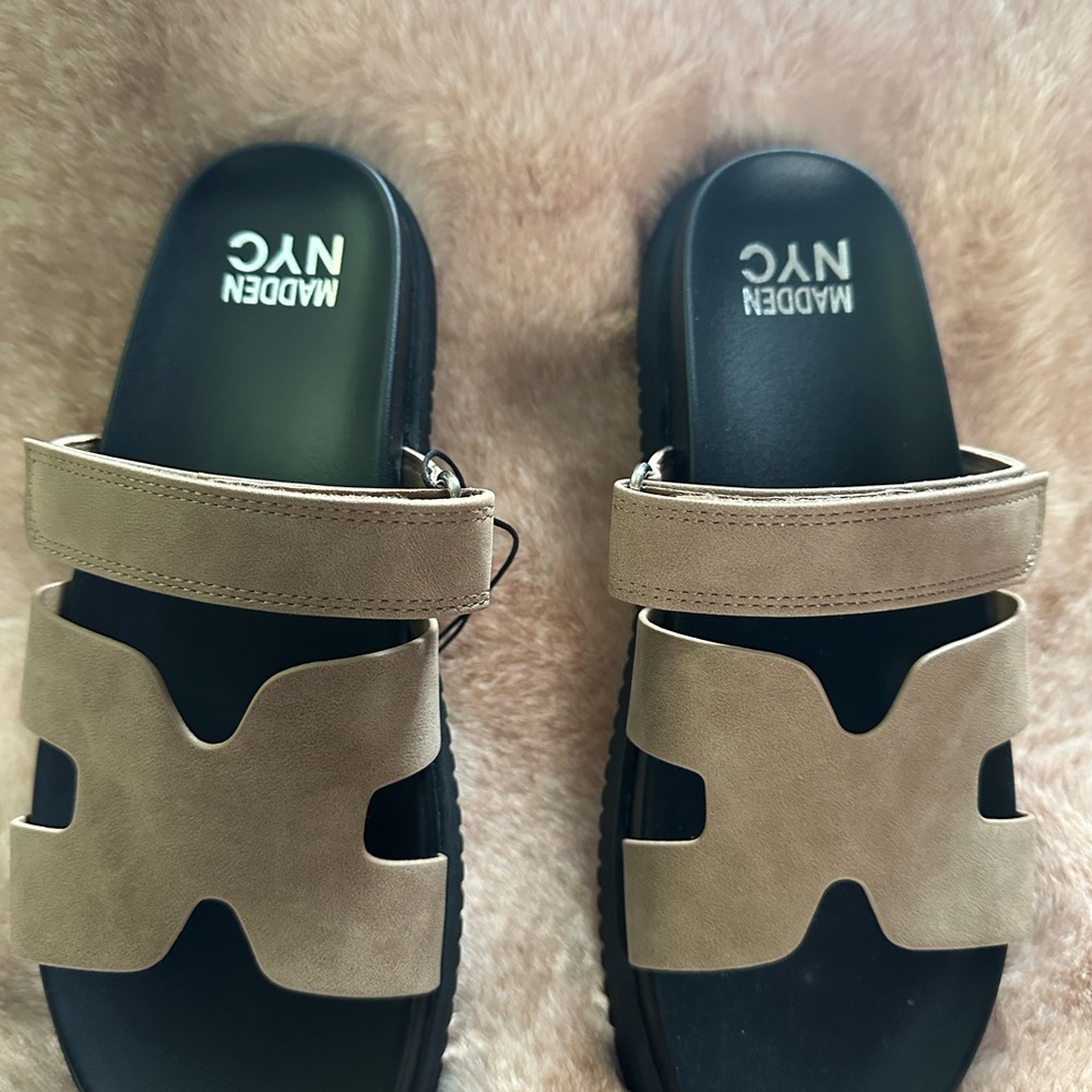 Women's Tan Sandals, Madden NYC Beige Slip-On Sandals size 9 1/2